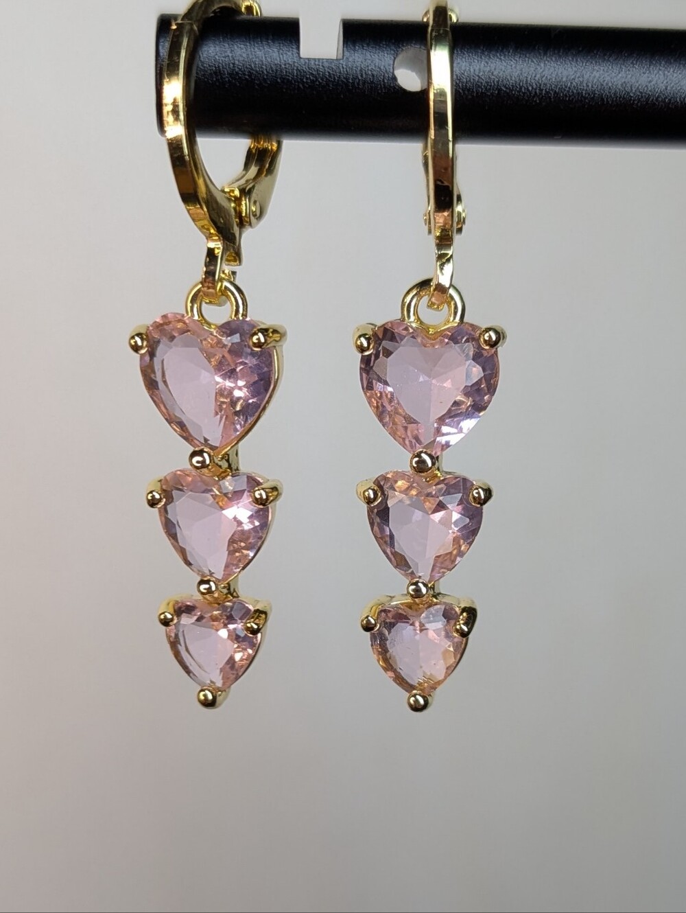 Sweet Pink Stacked Hearts, CZ Dangle Earrings On Leverback 18k GP